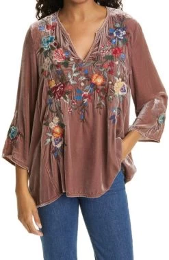 Johnny Was Pina Velvet Embroidery Top-Vintage Rose