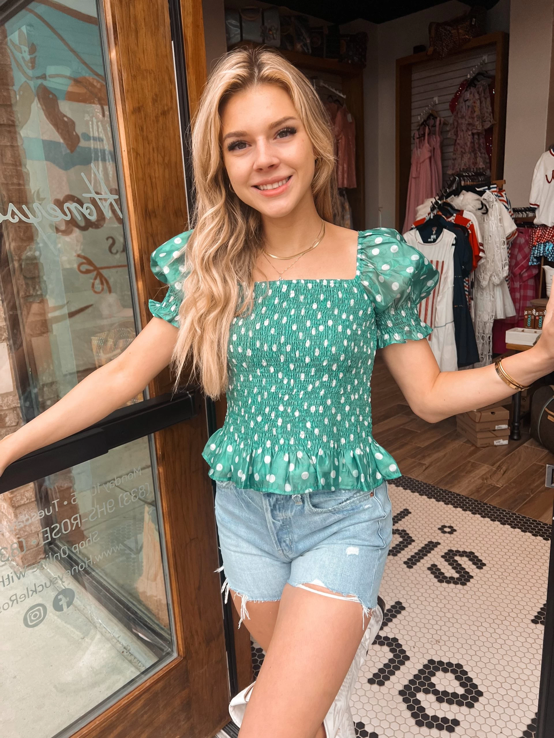 Smocked Top - Green Polk A Dot 4 Smocked Top - Green Polk A Dot - Image 2