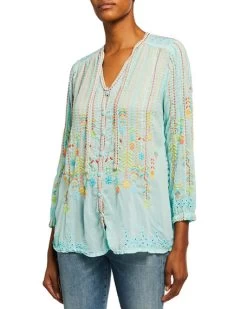 Johnny Was Stitch Blouse-Tropic Blue